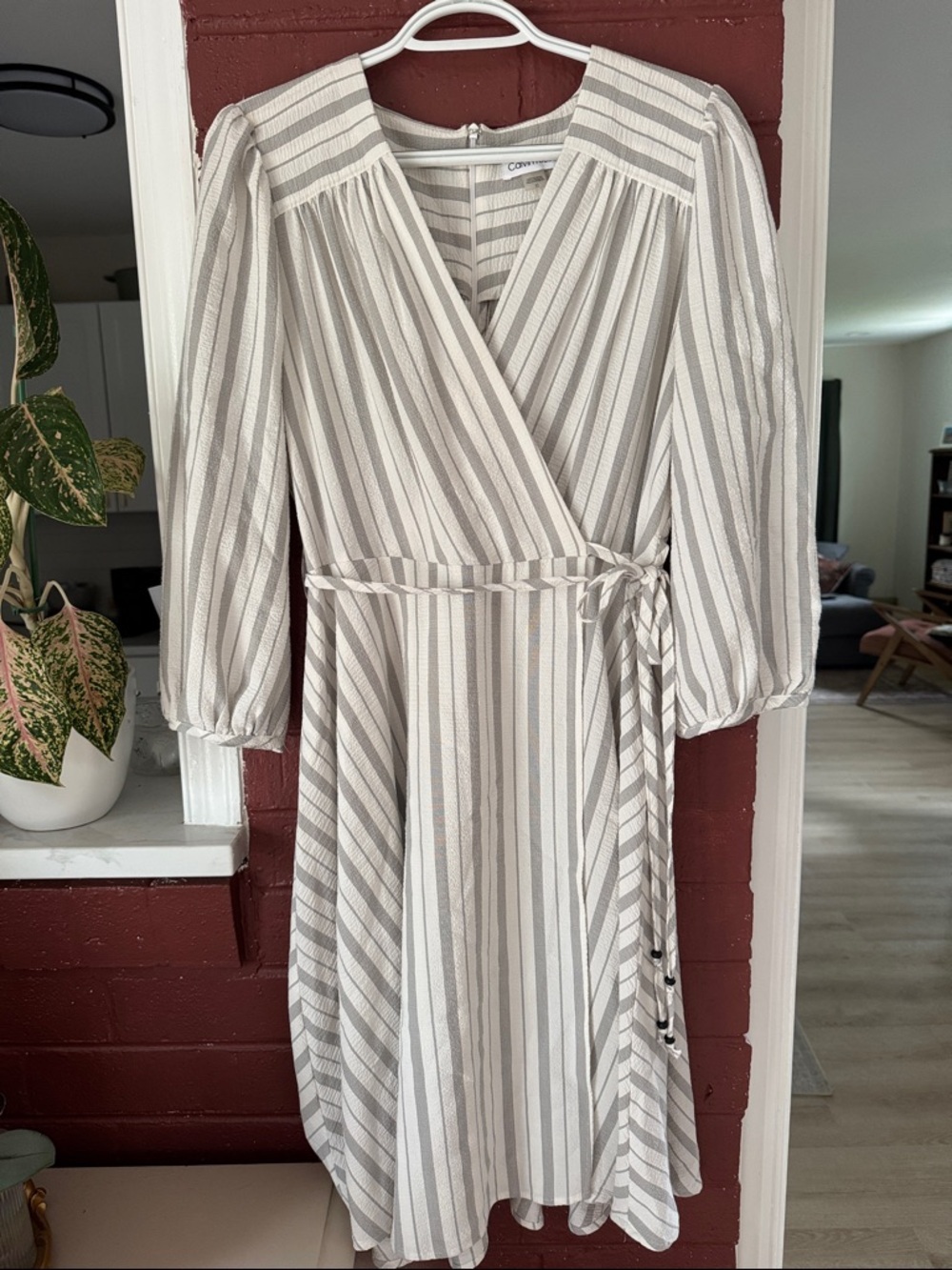 Calvin Klein White and Gray Striped Wrap Midi Dress with Tie Waist - Picture 1 of 9